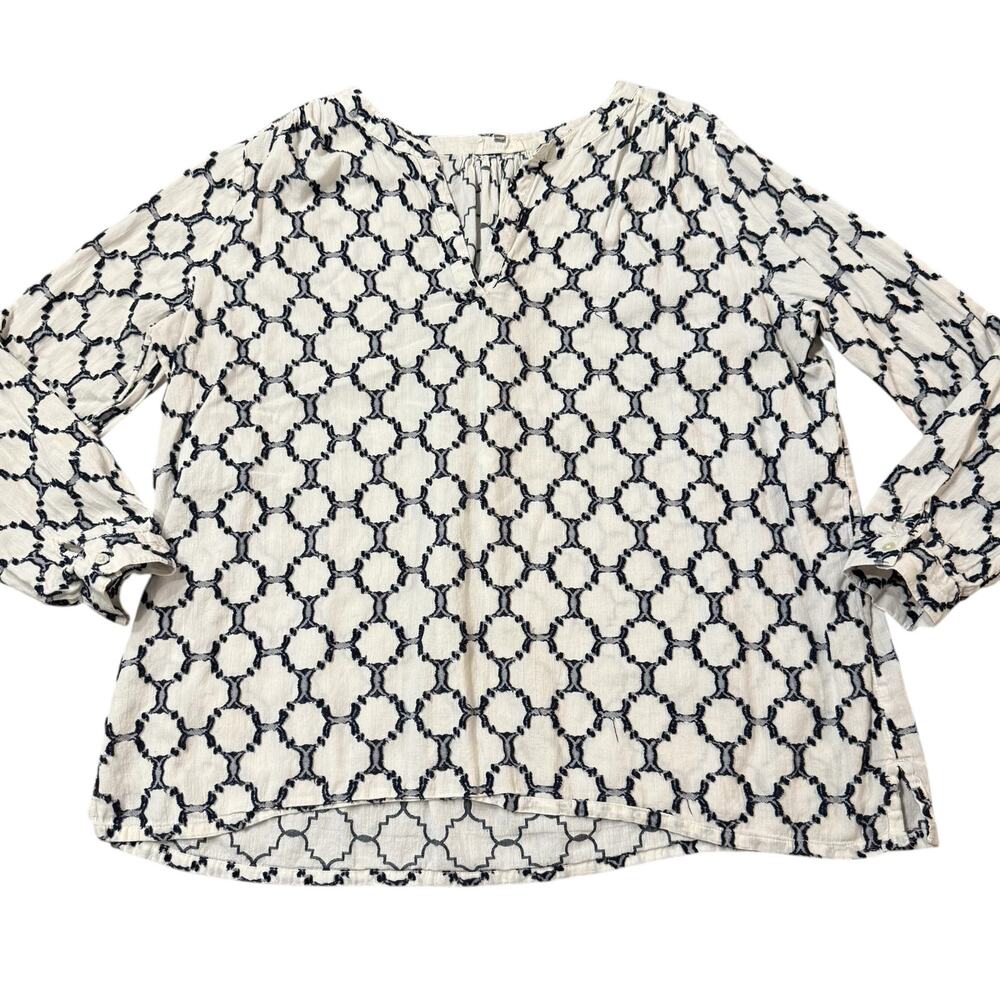 LOFT Womens softened shirt, white blouse with textured navy geo pattern, XL
